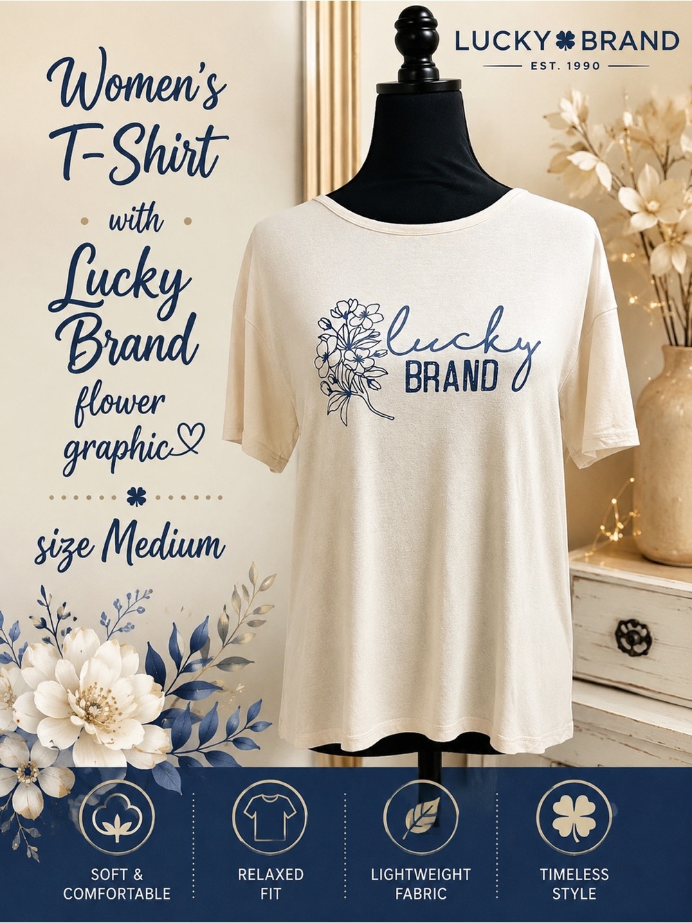 Lucky Brand Women’s T-Shirt with Lucky Brand flower graphic